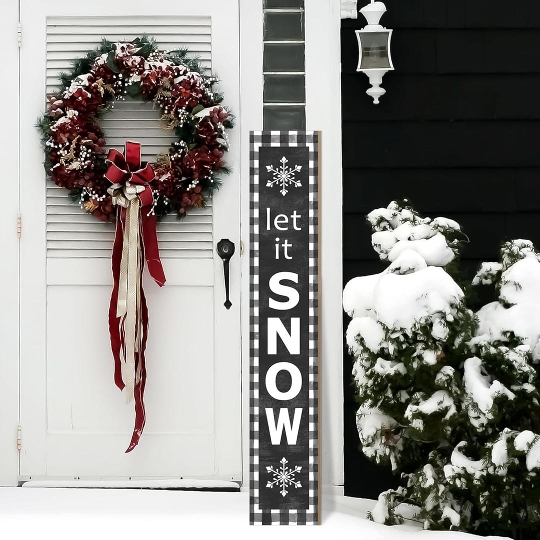 Let It Snow Wooden Porch Sign 47" Winter Large Buffalo Plaid Welcome Porch Sign for Home Front Door Yard Party Decor (Black)