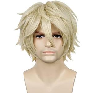 LABEAUTÉ Short Blonde Wig Male Men, Anime Fluffy Golden Cosplay Anime Wigs With Bangs Unisex Heat Resistant Hair for Party Halloween + Free Cap