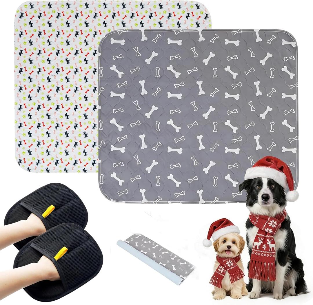 2PC Puppy Pee Pads with Pheromones, Washable Puppy Training Pads for Dogs Reusable Puppy Potty Pads for Dogs and Cats(with Pet Hair Removal Gloves) (Small, Gray+white)