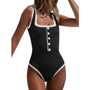 Saodimallsu Womens One Piece Swimsuit Vintage Ribbed Slimming High Cut Color Block Button Square Neck Bathing Suit (Black, L)