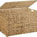Water Hyacinth Storage Basket with Lid, 27.7 Gallon (105L) Blanket Storage Basket with Handles, Woven Storage Bin, Foldable, Metal Frame, for Bedroom, Laundry Room, Natural (105 L:15.7 x 26 x 15.7 Inches)