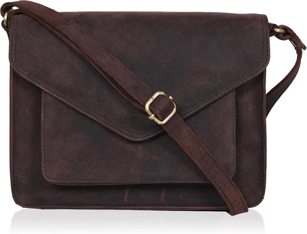 Leather Flapover Crossbody Handbag Purse for Women with Adjustable Strap & Overflap Snap Closure Tote/Bag (Brown Hunter)