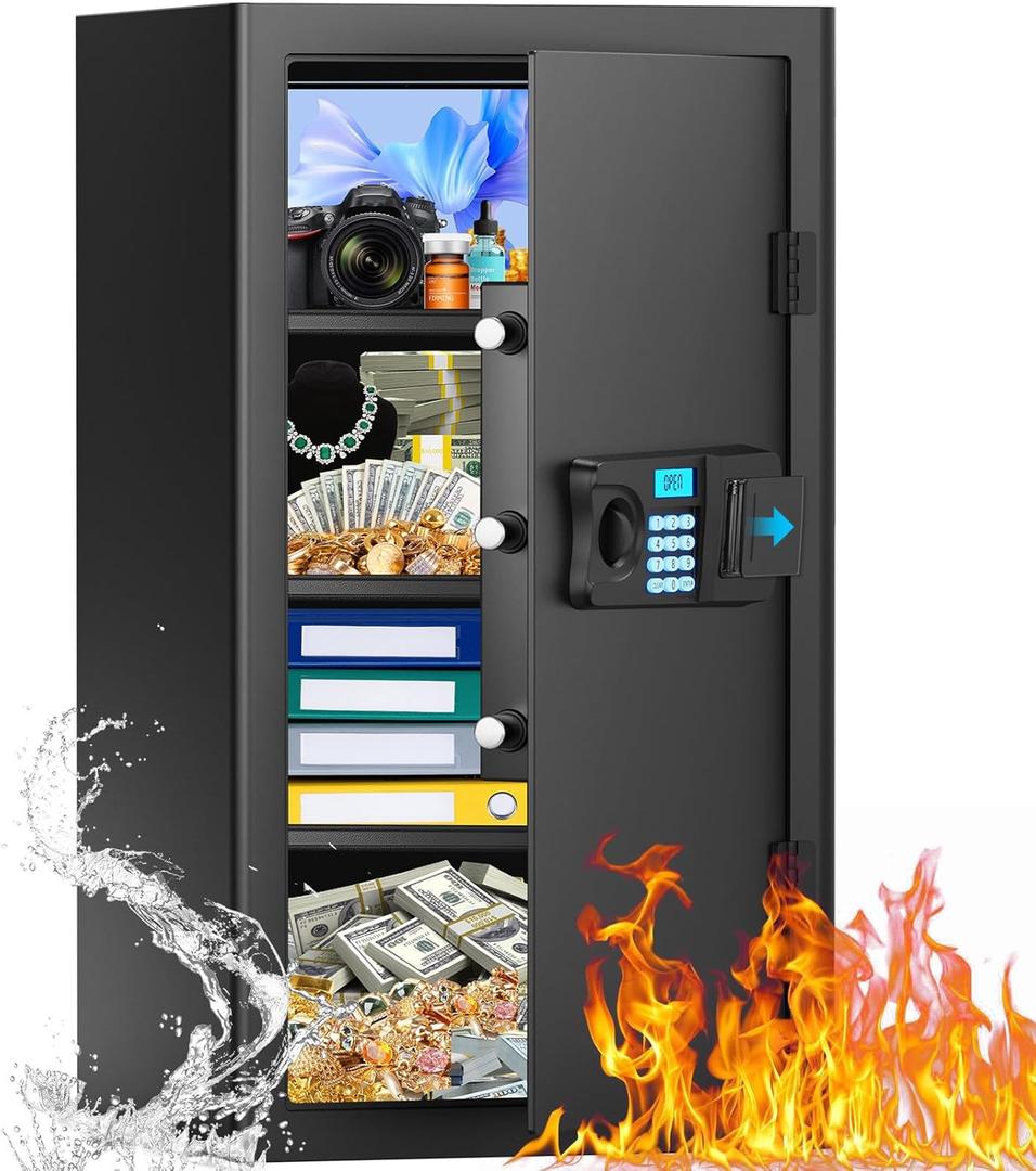 6.0 Cubic Large Home Safes Water and Fireproof, Anti-Theft Safe Box with Alarm System, Spare Key, Mute Function and Removable Shelf, Digital Fire Safe for Home Ammo Document Medicine Jewelry
