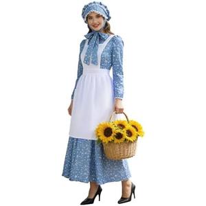 NFAUEIK Women Adult Colonial Prairie Costume,Floral Pioneer Dress with Apron and Bonnet Small