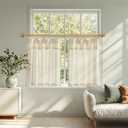 jinchan Linen Tier Curtains with Attached Valance for Kitchen Windows 24 Inch Length Farmhouse Cafe Curtains for Small Windows Light Filtering Rustic Short Drapes for Bathroom Laundry 2 Panels Beige