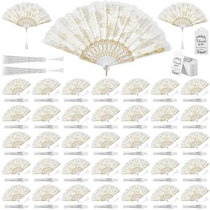 100 Pieces Rose Lace Floral Folding Hand Fans Chinese Retro Folding Fan White Hand Fans for Wedding Guests Women Foldable Handheld Bridal Dancing Props with Organza Bags Tassels Tags for Party Favors