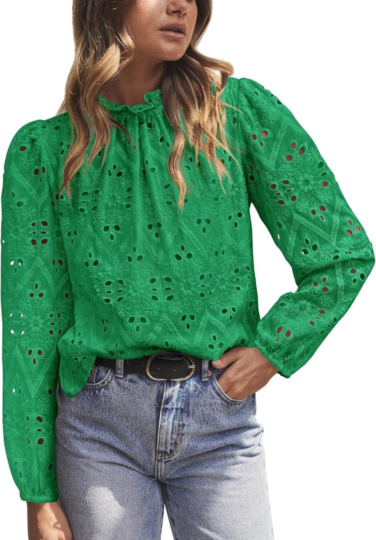 PRETTYGARDEN Tops for Women 2026 Spring Long Sleeve Blouses Dressy Casual Embroidered Eyelet Shirts Fall Going Out Outfits (Green, XXL)