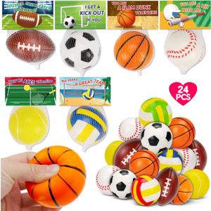 24 Pack Stress Ball with Greeting Cards for Kids Classroom Gifts Prefilled Easter Eggs Preschool Foam Sports Bouncy Balls Goodie Bag Boy Girl Exchange Basketball Football Party Favor Toys Bulk Prizes