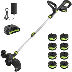 20V Cordless String Trimmer, 2.0Ah Battery Powered with Fast Charger, 12'' Grass Cutter with Auto Line Feed, 2-in-1 Electric Lawn Mower Grass Trimmer&Edger Lawn Tool with 8 Pcs Lines for Yard, Garden