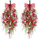 2 Pack 20'' Valentines Day Swag Wreaths for Front Door Valentines Teardrop Wreath Artificial Red Pink Heart Shaped Berries Hanger with Ribbon Gift Farmhouse Hanging Decor for Outdoor Window Wall (2)