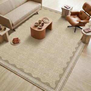 GarveeHome Washable Rugs 5x7 Rug for Living Room, Scalloped 5 x 7 Rug Solid Tan Jute Digital Printing Modern Low-Pile Carpet for Bedroom Dining Nursery Non Slip Mat with Rubber Back