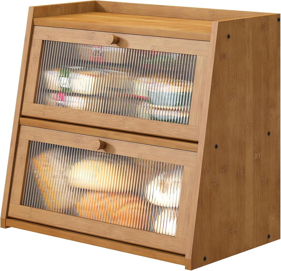Extra Large Bread Box, Double Layer Bread Box for Kitchen Counter, Bamboo Wood Large Capacity Bread Storage Bin with Acrylic Wavy Door Panel (Brown)