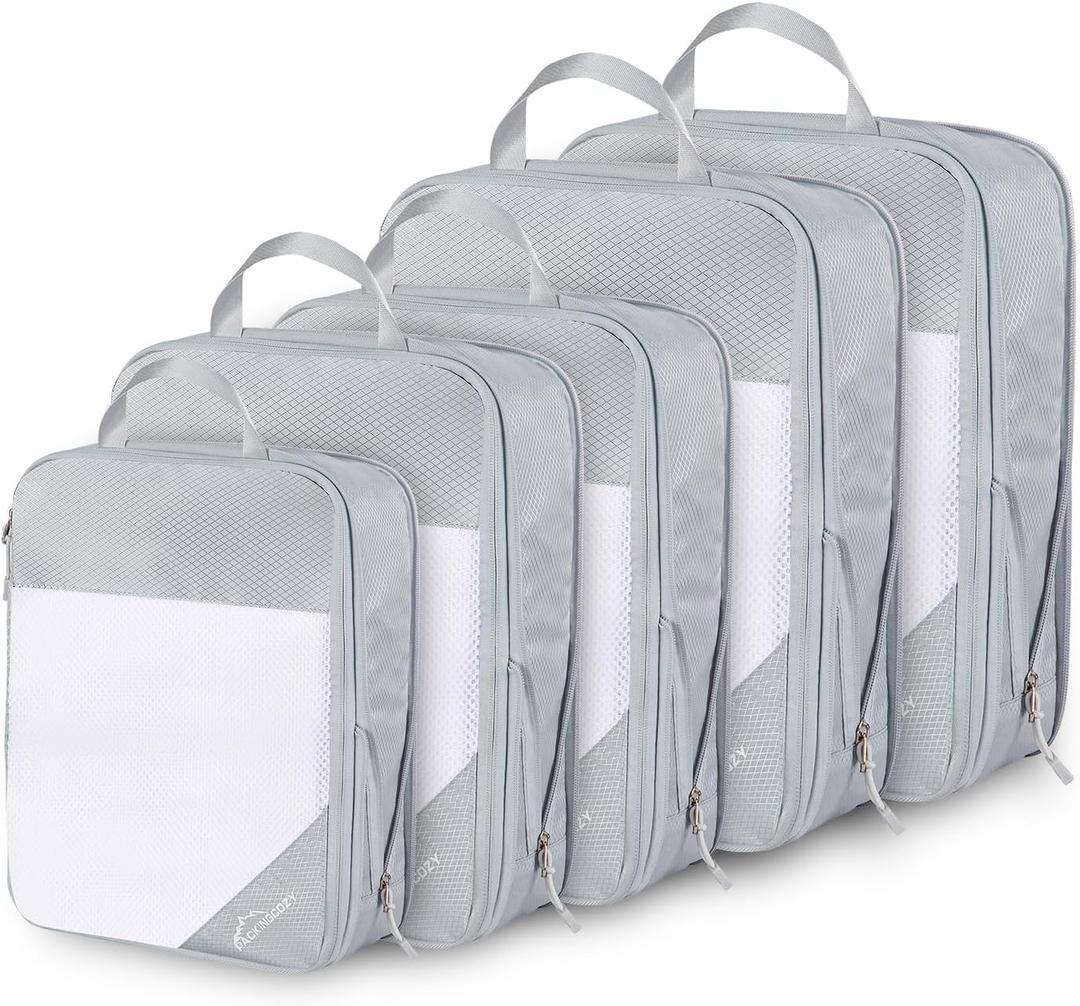 Compression Packing Cubes, 5 Set Packing Cubes for Travel Compression, Lightweight Compressible Package Organizer for Carry On and Suitcases, Light Grey