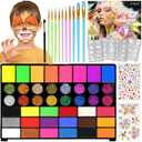 Face Painting Kit for Kids 42 Colors Water Based Non-Toxic Paint With Stencils & Brushes - Professional Body Makeup Kit for Parties, Birthdays, Halloween