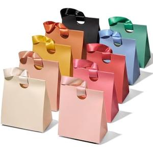 Vitalizart Paper Gift Bags With Ribbon Handles Set of 10 Assorted Colors Bulk Reusable For Gift Wrap Girls Kids Birthday Bridal Shower Party Favors Goodie Bags Candy 8.07" x 4.72" x 9.84", Medium Size