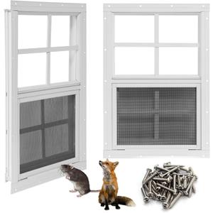 NeatiEase Upgraded Shed Windows 2 Pack, 24" x 30" Windows with Tempered Glass and Stainless Steel Screen for Shed, Chicken Coop, Playhouse, Household, Garage(White)