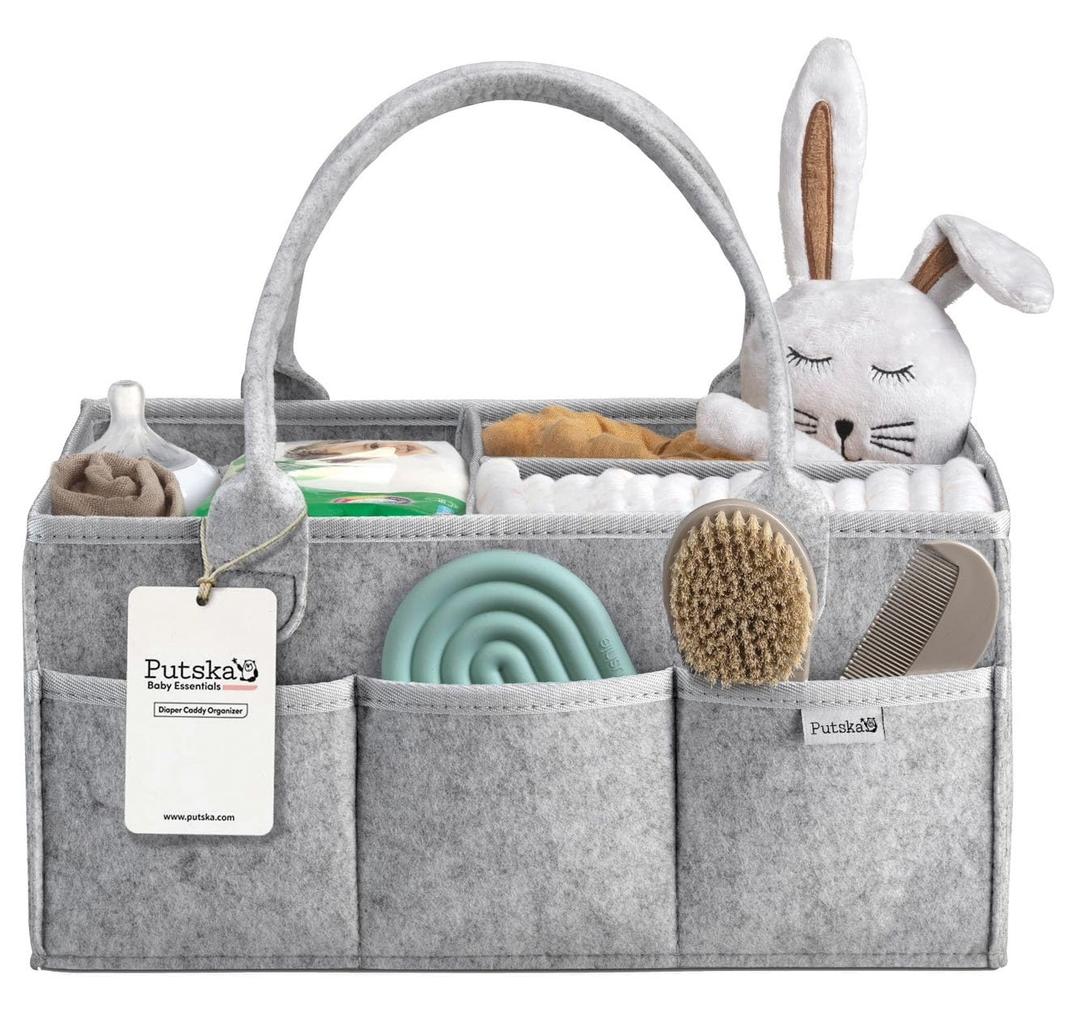 PUTSKA Nursery Storage Basket - Baby Diaper Caddy Organizer for Diaper Station, Newborn Essentials, Baby Shower Gifts and Registry Must-Haves for Boy or Girl (Large, Grey)