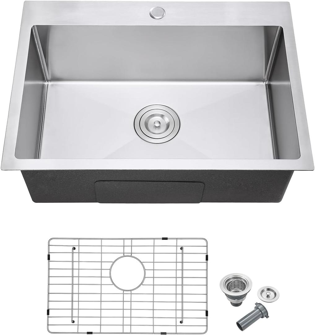 24 inch Drop-In Single Bowl Kitchen Sink 304 Stainless Steel Brushed, D24" x W18" x H9"