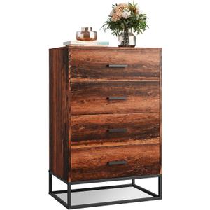 WLIVE Wood Dresser for Bedroom with 4 Drawers, Tall Dresser with Sturdy Metal Frame, Wooden Chest of Drawers for Hallway, Living Room, Closet, Brown Oak