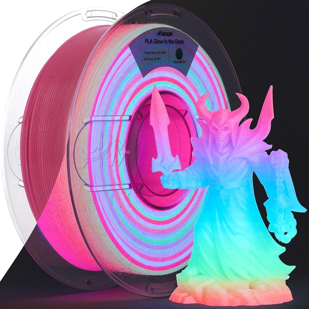 AMOLEN PLA Filament Glow in The Dark, Rainbow 5M Red, Blue, Green, Orange, Multicolor Fast Change 3D Printer Filament 1.75mm, Best with UV Lamps, 1KG Spool (2.2lbs), Dimensional Accuracy +/ 0.02 mm