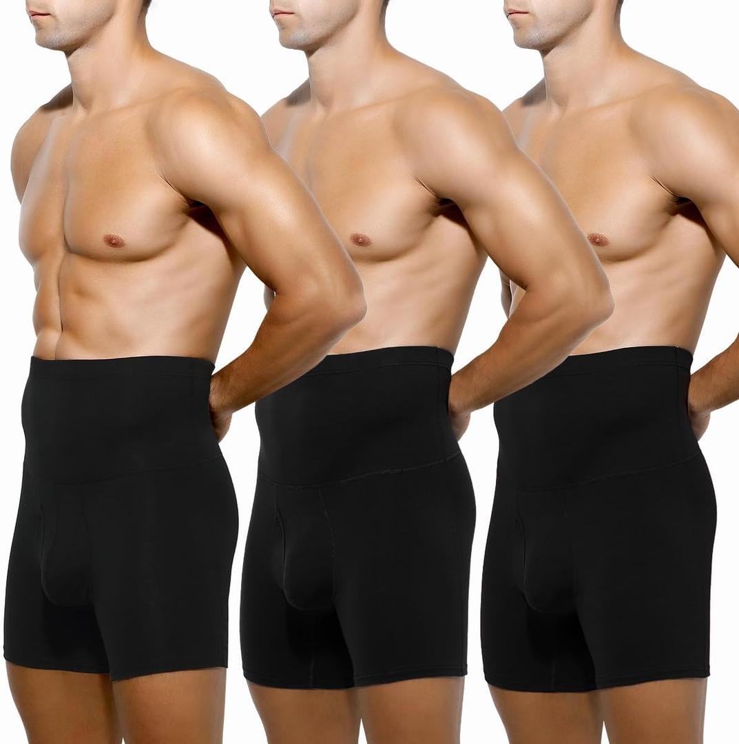Arjen Kroos Men's Tummy Control Cotton Boxer Briefs 3 Pack Slimming Boxers Shapewear Underwear with Open Fly Pouch (XX-Large)