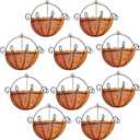ShopLaLa Wall Planters Outdoor Plants (10 Pack, 10 Inch) Balcony Planters Railing Hanging Fence Planter Over Railing with Coco Liner, Wall Mounted Flower Basket Metal Wire Deck Porch Patio Garden