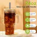 JunVpic Glass Cups with Bamboo Lids and Straws, 24oz Glass Tumbler with Handle, Stainless Steel Straws & Cleaning Brushes Boho Pattern Iced Coffee Cup for Smoothies, Tea, and Gifts, Set of 2