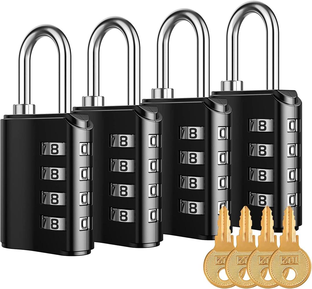 KeeKit Combination Lock, Resettable 4 Digit Combination Padlock with Keys, Waterproof Gate Lock for Locker, Fence, Case, Gym, School and Employee Locker, Toolbox – 4 Pack, Black