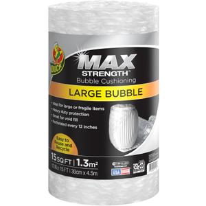 Duck Max Strength Bubble Cushioning Wrap for Moving & Shipping, 15 FT, Large Bubble Packing Wrap for Heavy Duty Protection Packaging Boxes, Clear Bubble Roll Moving Supplies, Perforated Every 12 IN