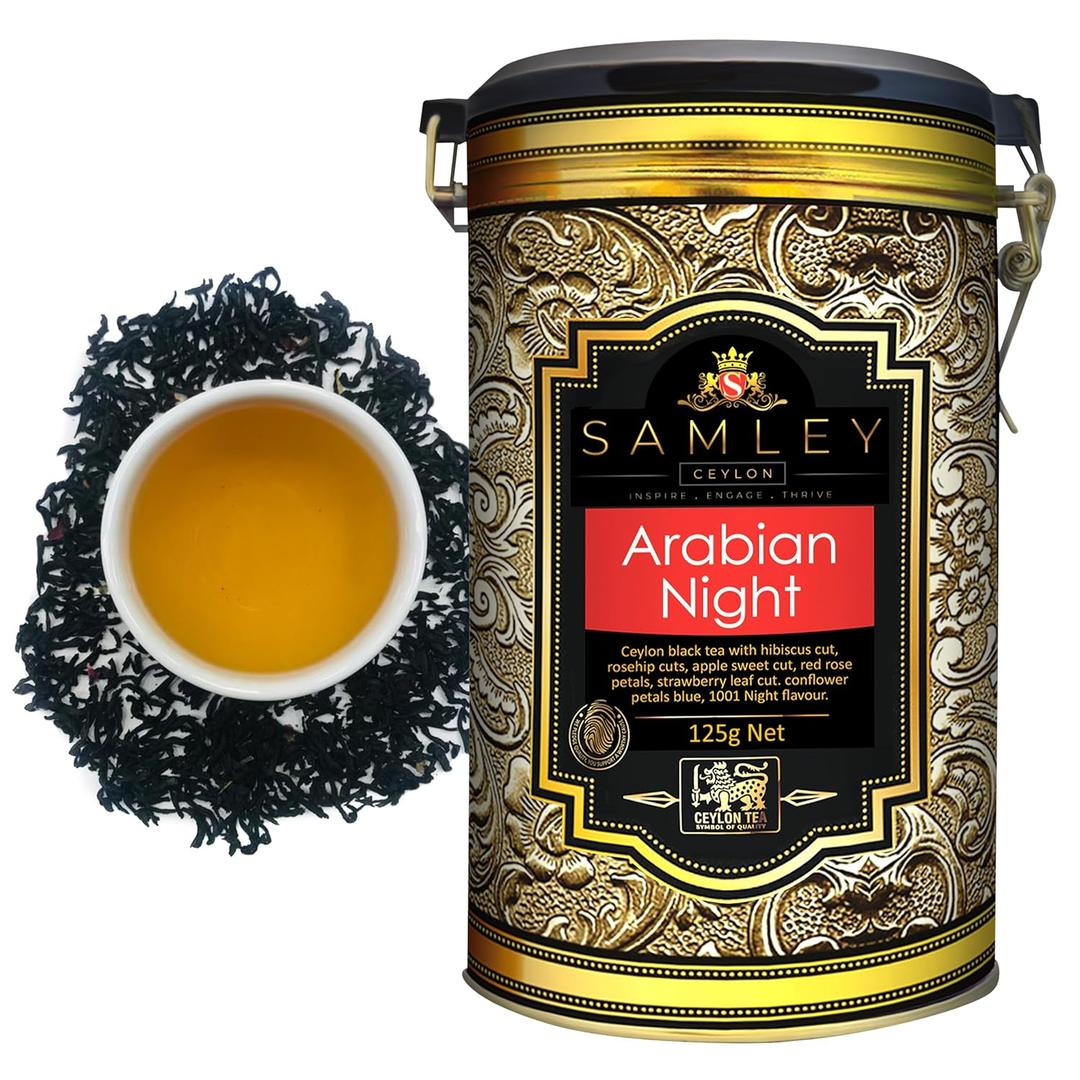 Samley Tea Arabian Night Ceylon Black Loose Leaf Tea Blend, Flavored with Hibiscus, Rosehip, Rose Petals, Strawberry Leaf Cuts and 1001 Night Flavor, Premium, Luxury, Specialty, 4.4oz, EXP 22/05/2027