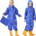 Kids Toddler Rain Suit for Boys Girls One Piece Hoodie Zipper Cartoon Waterproof Coverall Rain Jacket 1-10 Years (7-9 Years, Blue)