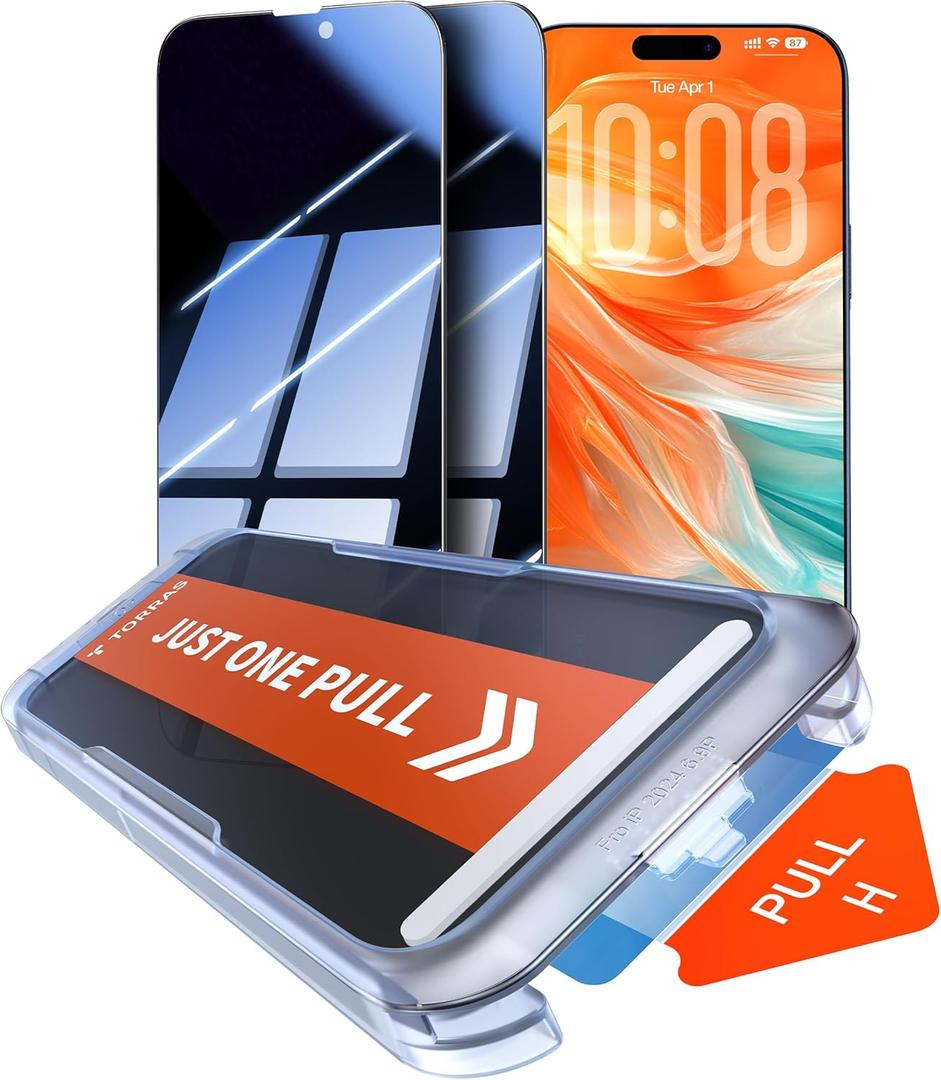 TORRAS Uncrackable 9H+ for iPhone 16 Pro Max Privacy Screen Protector [ 12FT Military-Grade Anti Shatter] [Top 25° Anti Spy, Data Protection] Full Coverage Tempered Glass, 2-Pack 6.9"