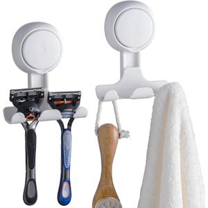 TAILI Suction Cup Razor Holder in Shower 2 Pack, Towel, Loofah, Shaver Holder for Bathroom Wall, Powerful Suction Cup Shower Hooks, Easy to Install and Reuse, White