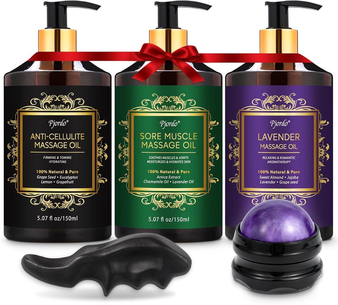 3 Pack Massage Oil for Massage Therapy, Lavender Oil for Relaxation, Sore Muscle Arnica Oil & Cellulite Massage Oil, with Massage Roller Ball & Thumb Saver Tool, Massage Kit for Him Her