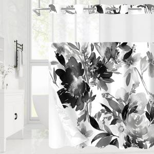 No Hook Black Watercolor Floral Shower Curtain, Plant Leaves with Flower Hookless Shower Curtains for Summer Bathroom Decor, White Modern Botanical Waterproof Shower Curtain Set 72x74 Inch