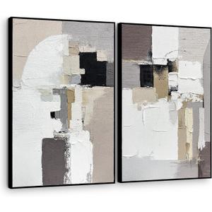SAFERRYHOME Neutral Abstract Hand Painted Wall Art, 3D Textured Minimalist Framed Canvas Wall Decor, Large Modern Geometric Painting Artwork for Home Office Living Room, 24"x36"x2, 24"x36"x2 Panels