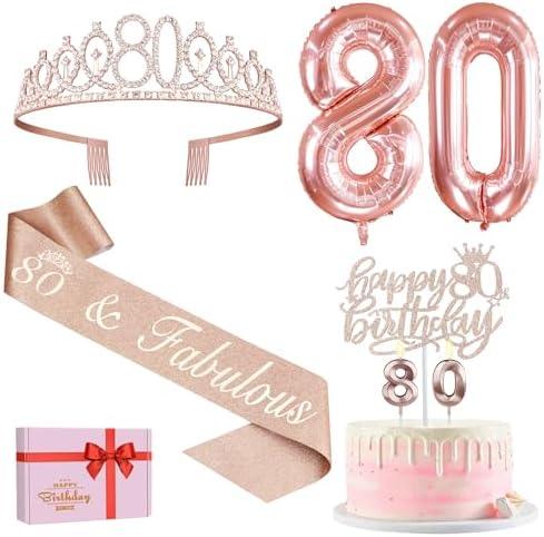 80th Birthday Decorations for Women, Include 80th Birthday Sash and Tiara, Cake Topper and Candles, Number Balloons, Greeting Card, 80 Year Old Gifts for Women