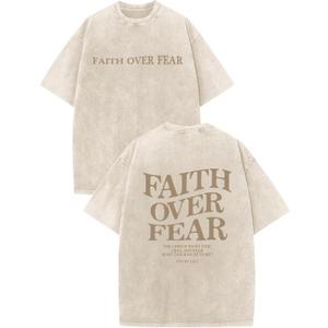 Christian Faith Over Fear Shirt for Men Jesus Religious Shirts Oversized Graphic Tees Acid Wash God T-Shirt (Beige, L)