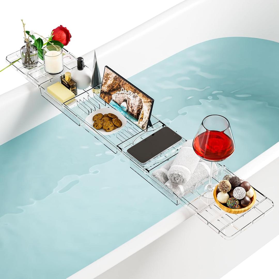 Yieach Luxury Bathtub Trays For Tub, Expandable Bath Shelf Over Tub, Clear Bath Table, Bath Board, Bath Caddy Tray and Bath Tub Accessories for Women Relaxing With Bath Reading Book and IPad Holder, 1 Pack