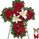 Cemetery Flower for Grave Decorations, Memorial Floral Cross with Easel Stand,Headstone Wreath-Red Rose Hibiscus/White Lily-28 Inch