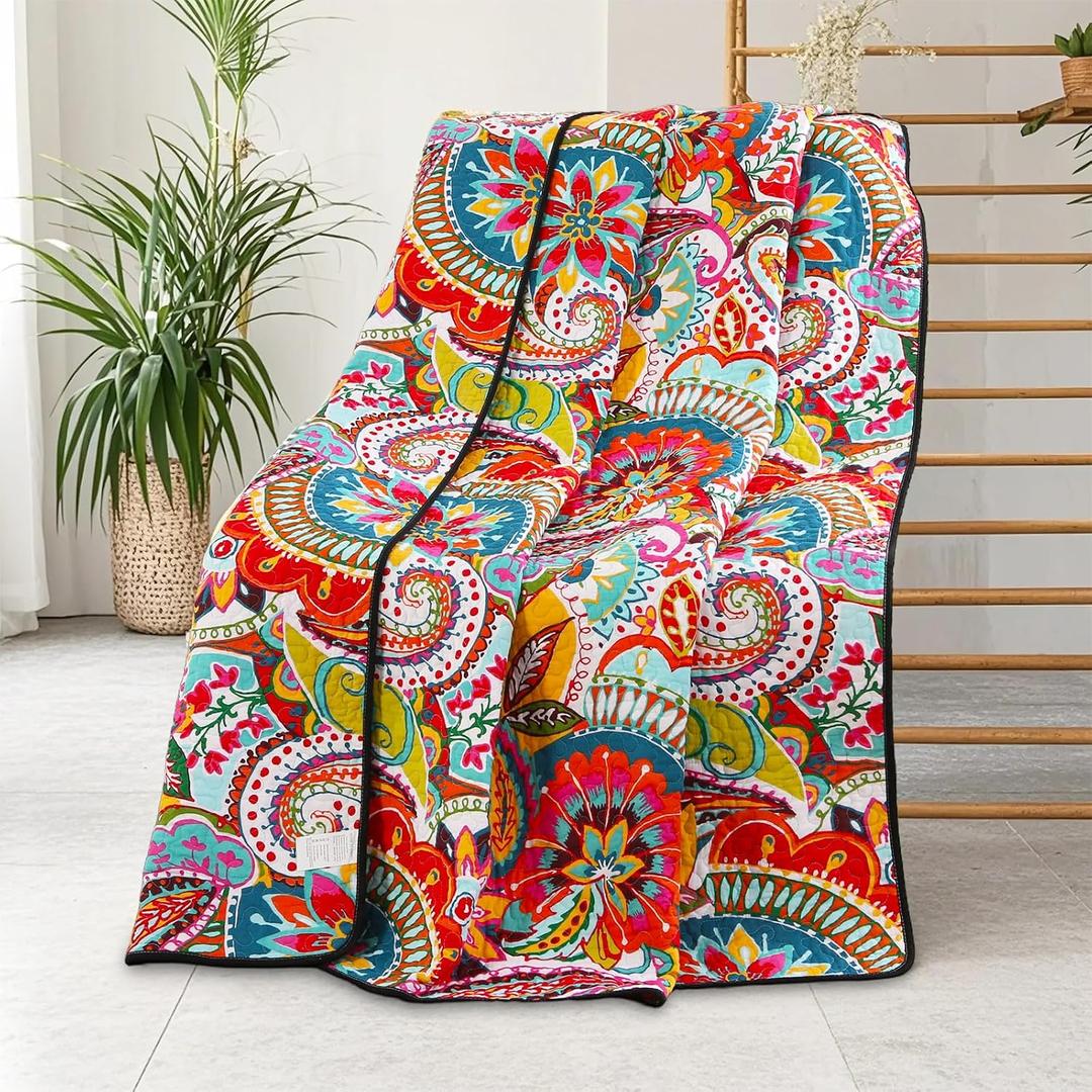 Qucover Cotton Quilted Throw Blanket, Soft Boho Quilt 59"x79", Bright Colorful Red, Orange, Pink and Blue Reversible Paisley Lightweight Quilts for Couch Sofa Beds