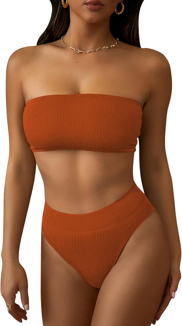 Pink Queen Women's Ribbed High Waisted Bikini Set Removable Strap Bandeau Swimsuit (Size Medium, 01 - Burnt Orange Ribbed Fabric)
