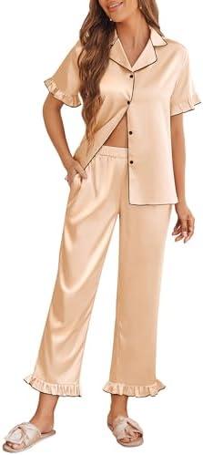 Ekouaer Silk Pajamas for Women Satin Short Sleeve Pajamas Set with Ruffle 2 Pieces Button Down Tops and Pants Khaki at Amazon Womens Clothing store