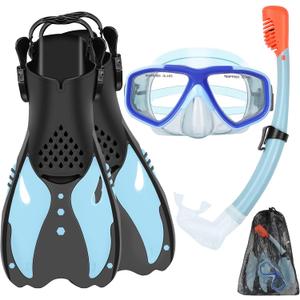 Youth Snorkel Set for Ages 7-16, Snorkeling Gear for Kids with Panoramic View Mask Anti-Fog Anti-Leak Full Dry Top Snorkel Fins Travel Bag for Swimming Diving (Small, Sea-Sky-Blue)