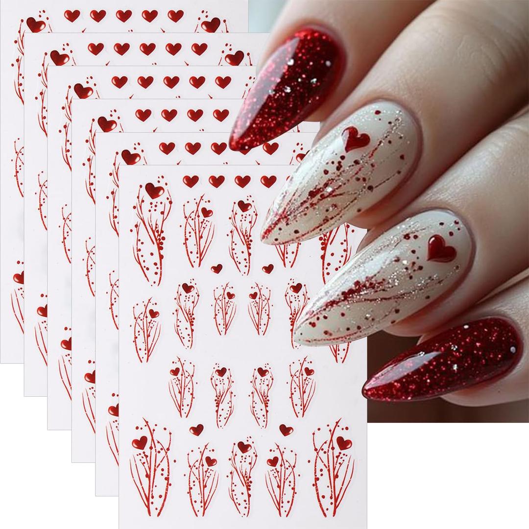 Valentine Nail Art Stickers, Love Heart Nail Decals 3D Self Adhesive with Red Love Heart Tree Branch Design 6Pcs Glitter Valentine Nail Decoration Supplies for Women Girls