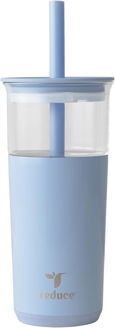 REDUCE Aspen 20 oz Vacuum Insulated Glass Tumbler with Lid & Extra Wide Straw - Keeps Drinks Cold for 12 Hrs - Ideal for Iced Coffee, Smoothies & Boba - Dishwasher Safe, Soft Base - Glacier