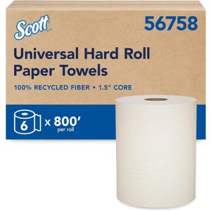 Scott Professional Universal 100% Recycled Fiber Hard Roll Paper Towels, Bulk (56758), Hardwound 1.5" Core, Absorbency Pockets, Compressed, Brown (6 Rolls at 800' Each, 4,800'/Case)