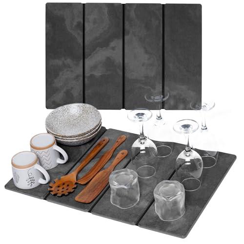 Large Black Stone Dish Drying Mat - Foldable & Water Absorbing Dish Drying Mat with Cleaning Tools, Anti-Slip, Stain Resistant, Easy-Clean, Kitchen Drying Mat and Highly Absorbent Bath Mat 24" x 16"