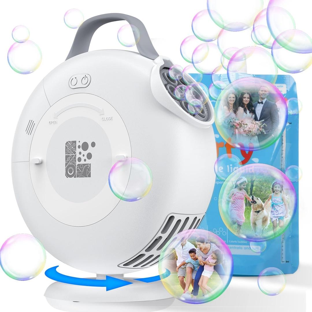 Bubble Machine, Automatic Bubble Blower for Kids Toddlers, 8000+ Bubbles Per Minute, 90 200 Oscillating Electric Plug-in or Batteries Bubble Maker Toys for Outdoor Birthday Party - White