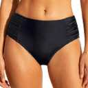 Tempt Me Women Bikini Bottoms Mid Waist Bathing Suit Swimsuit Ruched Swim Bottom (M, Black 1)